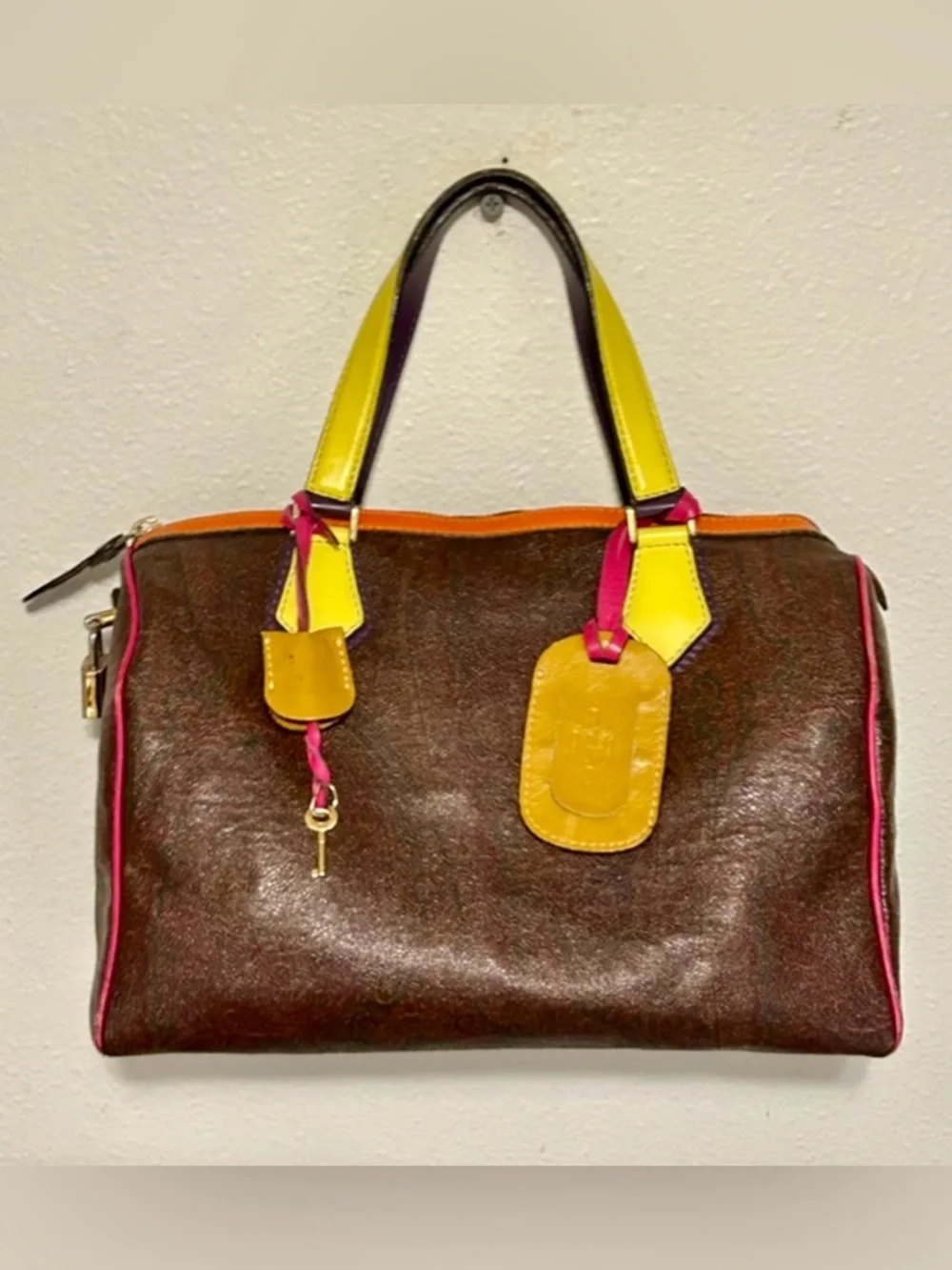 ETRO Paisley Multicolor Colorblock Boston Speedy Bag w/ Lock & Key + Luggage Tag - Picture 1 of 16